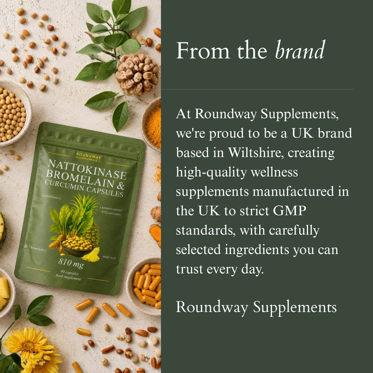 Roundway Nattokinase 2000 FU with Bromelain & 95% Curcumin, Black Pepper Extract | 60 Capsules