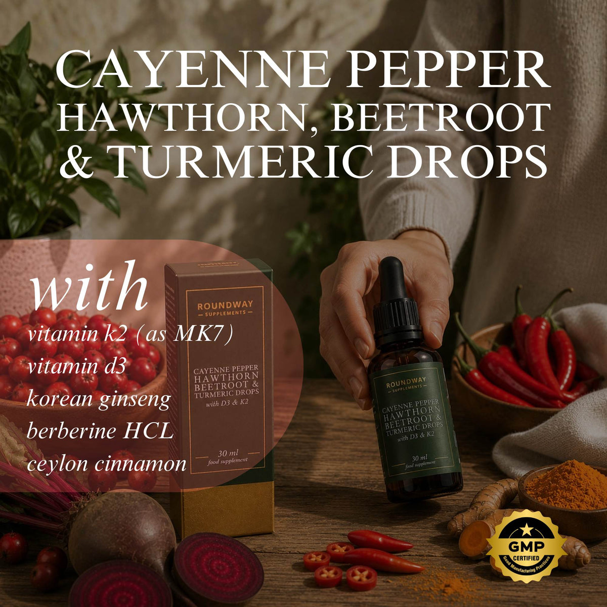 Cayenne Pepper with Hawthorn, Beetroot, Turmeric Drops with Vitamin D3 K2