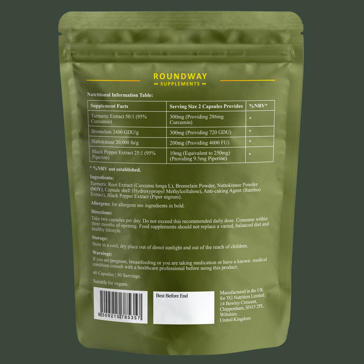 Roundway Nattokinase 2000 FU with Bromelain & 95% Curcumin, Black Pepper Extract | 60 Capsules