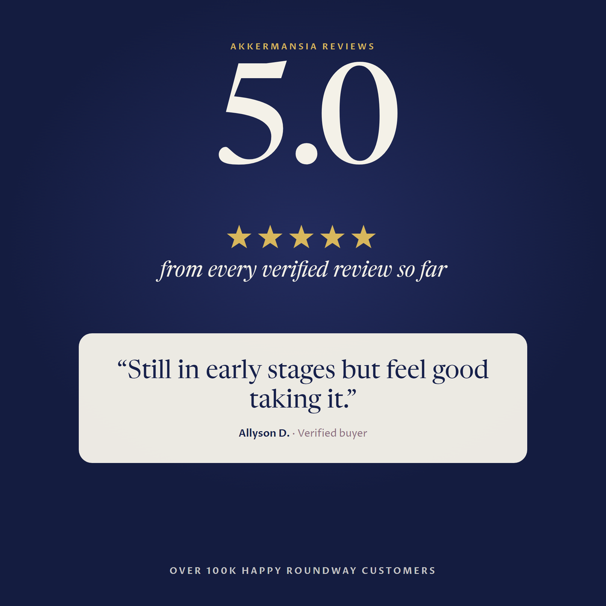 Rated 5.0 out of 5 from verified Akkermansia reviews, with a review from Allyson D.