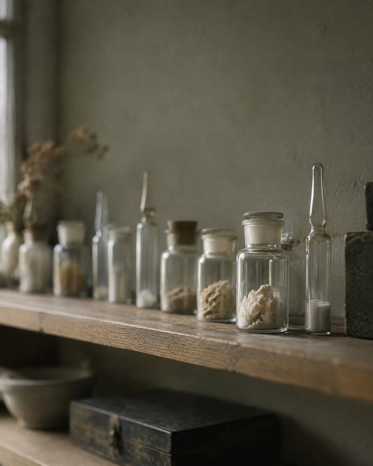Small glass vials of freeze-dried cultures on a wooden archive shelf