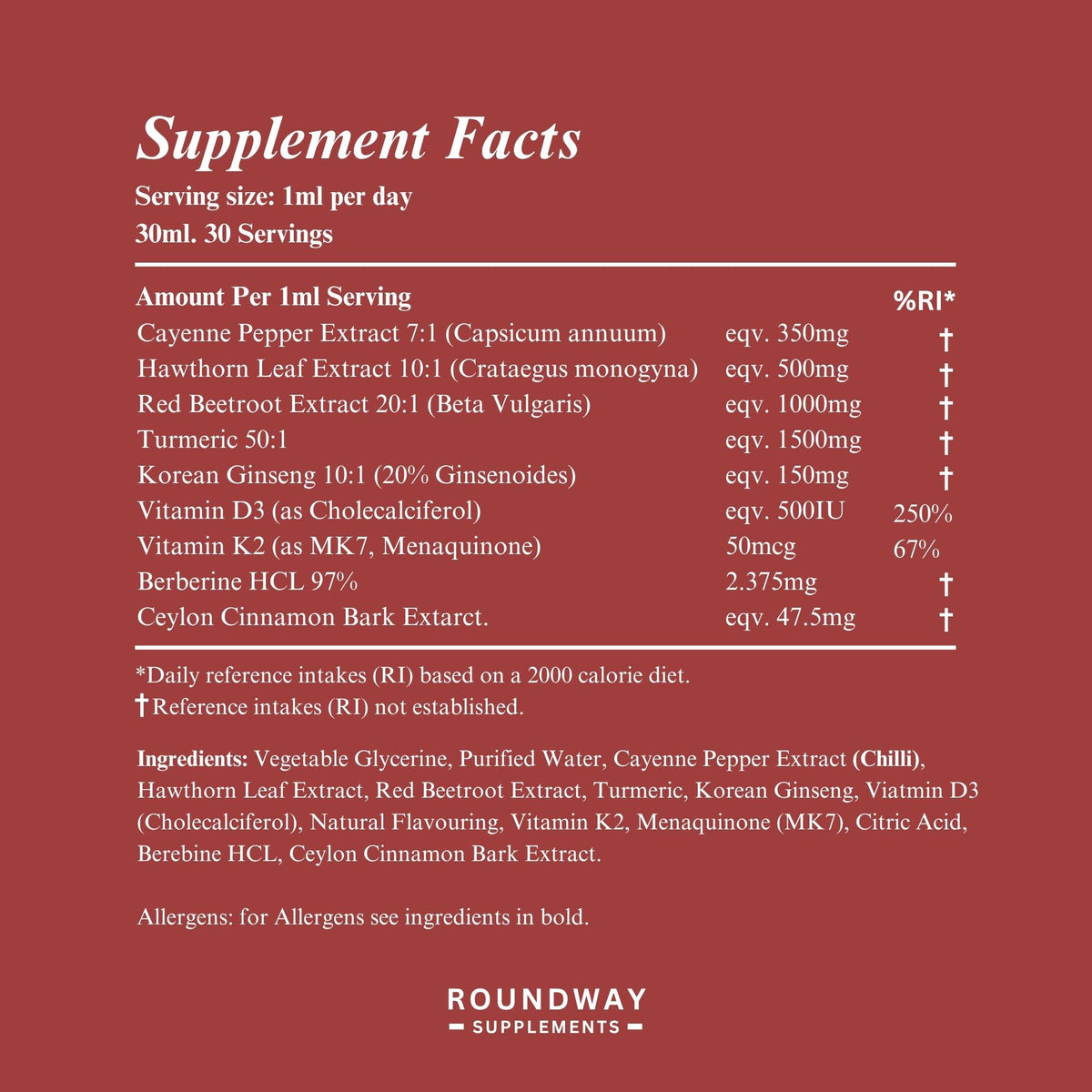 Supplement facts for Cayenne Pepper with Hawthorn, Beetroot, Turmeric Drops with Vitamin D3 K2