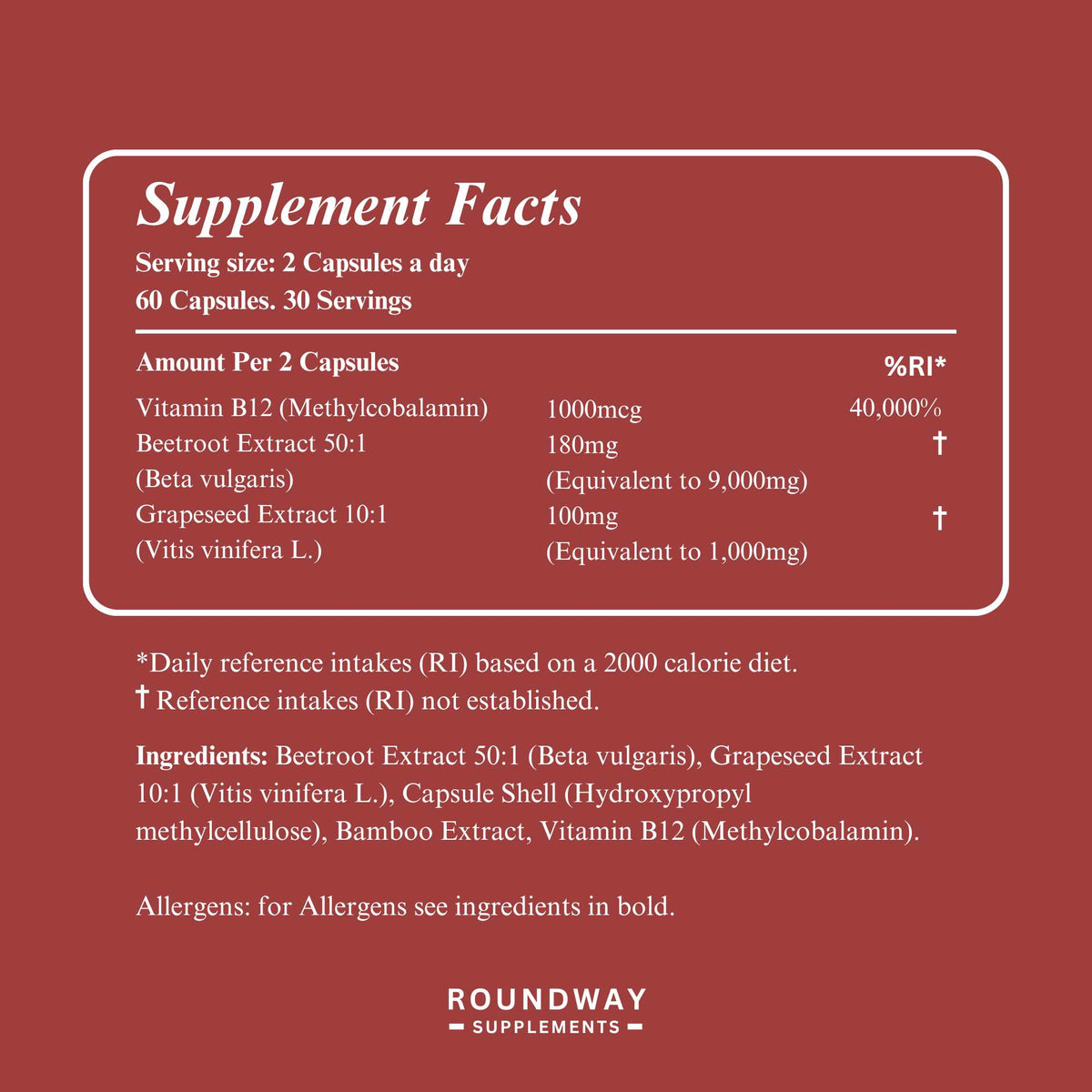 Supplement facts for Beetroot, Vitamin B12 & Grape Seed Capsules