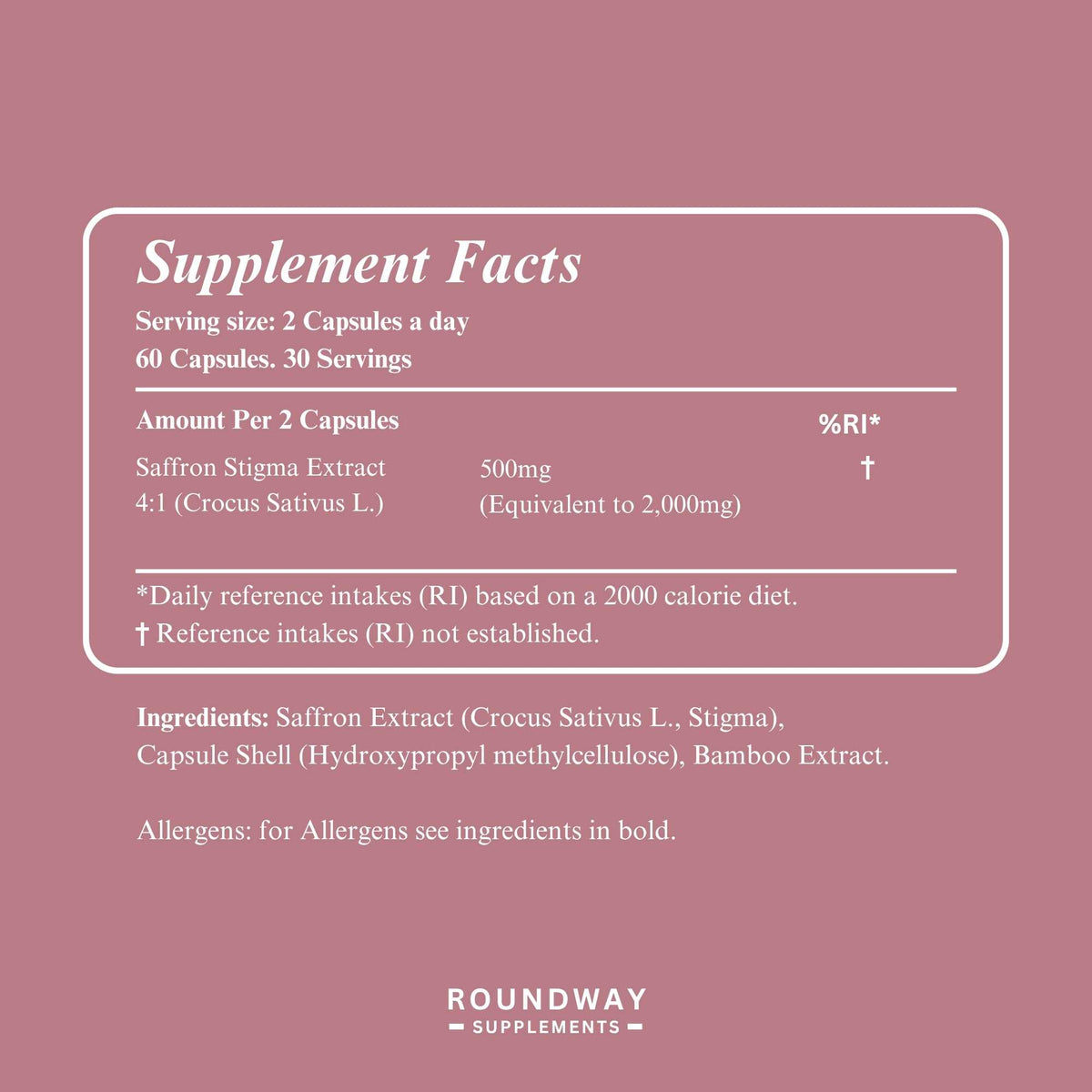 Supplement facts for Saffron Extract Capsules