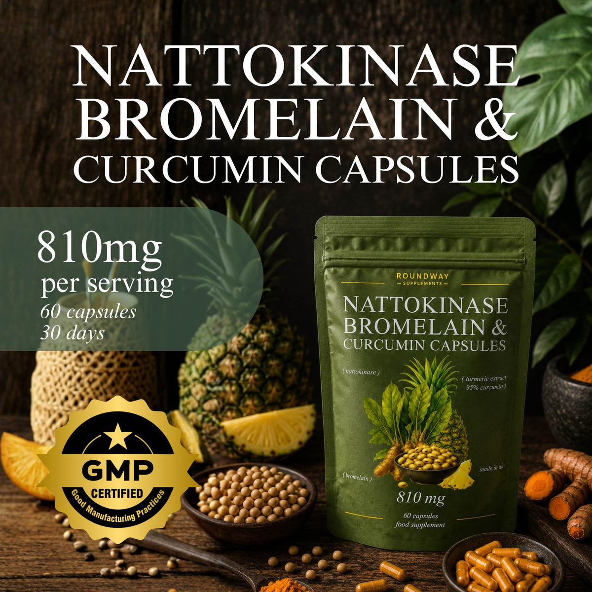 Roundway Nattokinase 2000 FU with Bromelain & 95% Curcumin, Black Pepper Extract | 60 Capsules