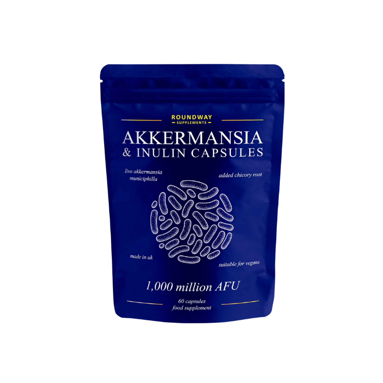 Blue package of Roundway Supplements Akkermansia & Inulin Capsules on a white background
