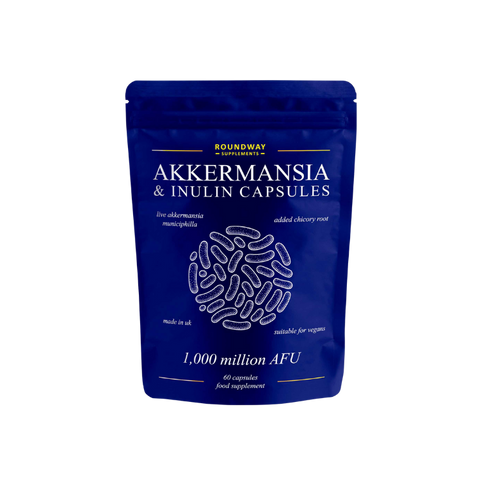 Blue package of Roundway Supplements Akkermansia & Inulin Capsules on a white background