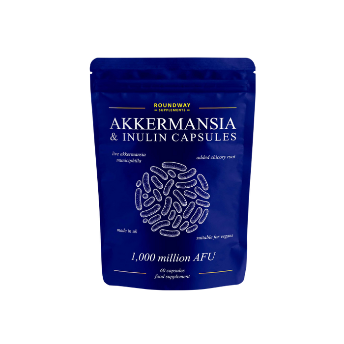Blue package of Roundway Supplements Akkermansia & Inulin Capsules on a white background