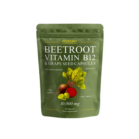 Green supplement package labelled 'Beetroot Vitamin B12 & Grape Seed Capsules'