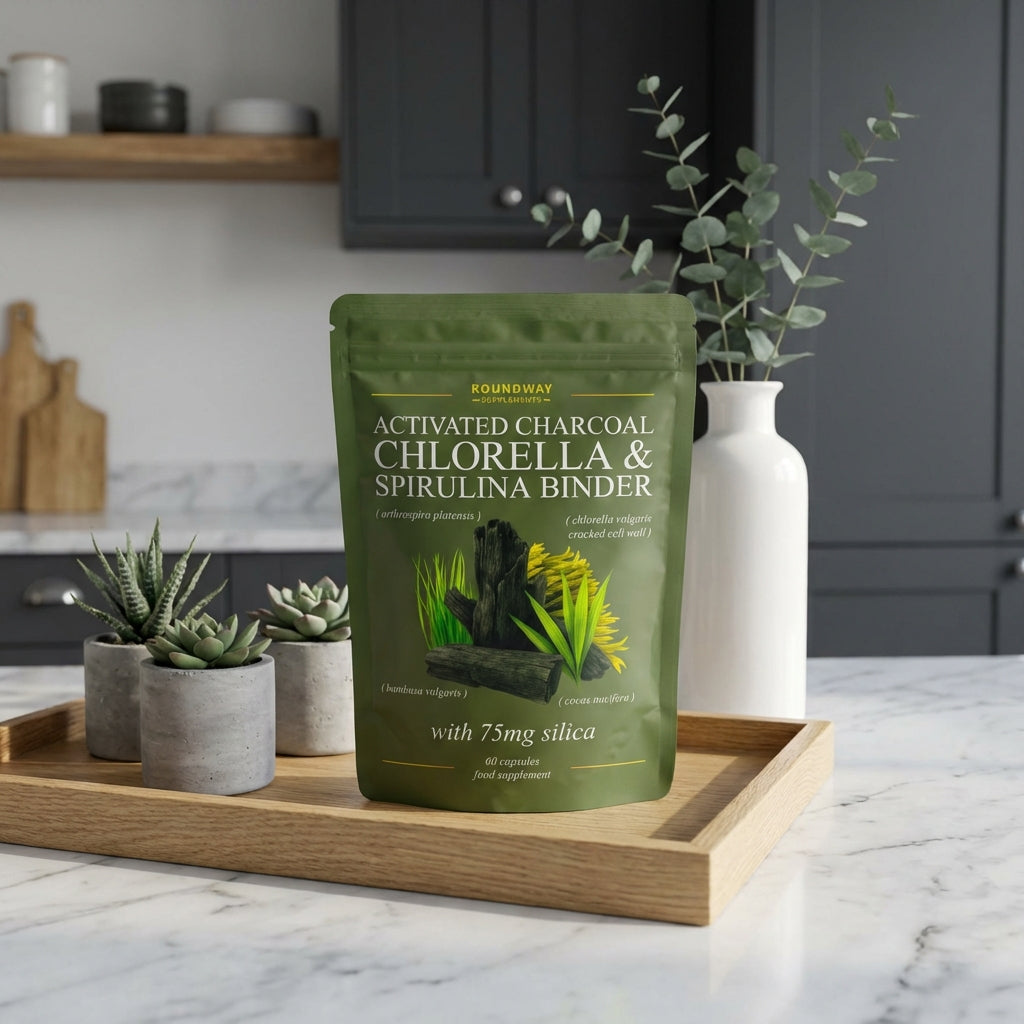 Roundway Activated Charcoal, Chlorella and Spirulina Binder on a kitchen counter
