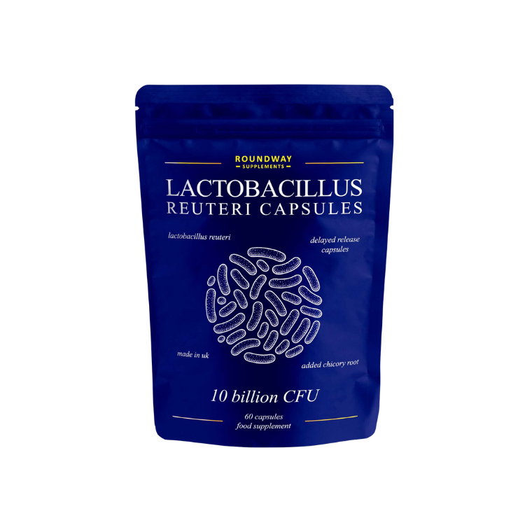 Blue package of Roundway Supplements Lactobacillus Reuteri Capsules on a white background