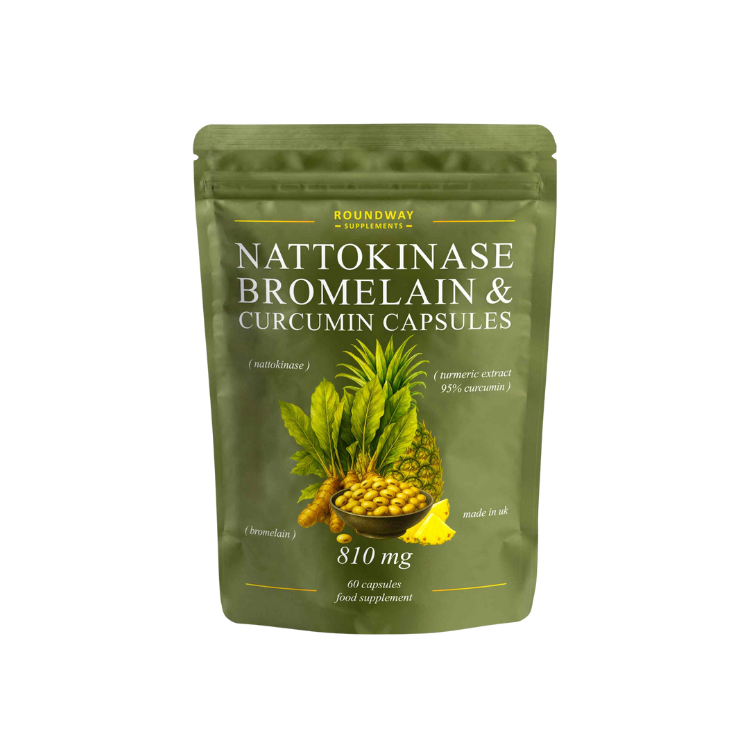 Green package of Nattokinase, Bromelain & Curcumin Capsules with botanical images