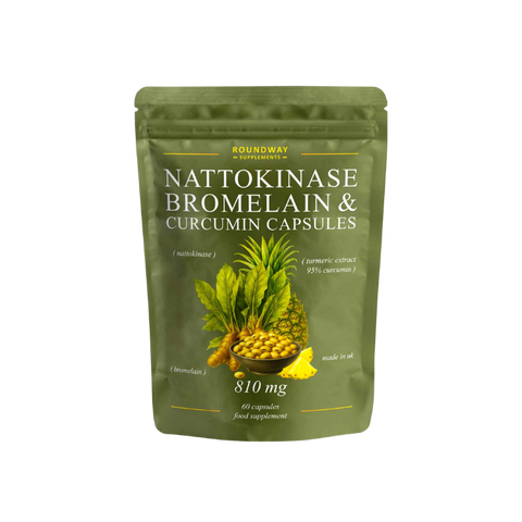 Green package of Nattokinase, Bromelain & Curcumin Capsules with botanical images