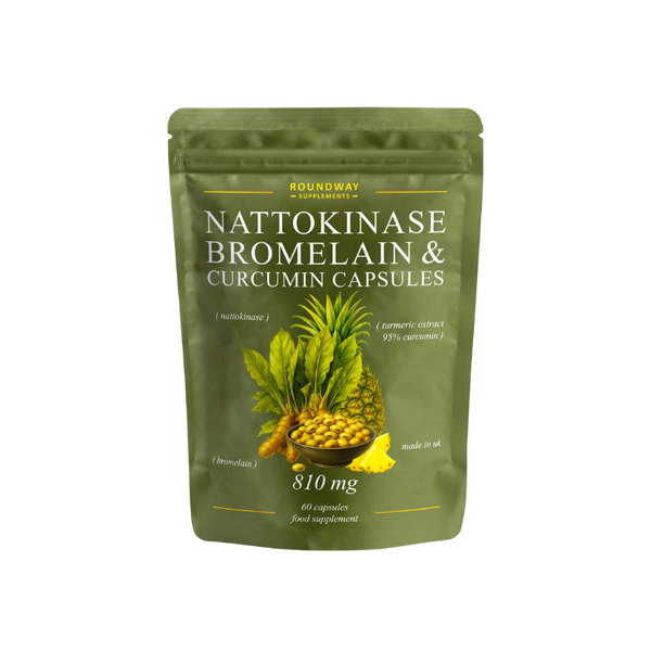 Green package of Nattokinase, Bromelain & Curcumin Capsules with botanical images