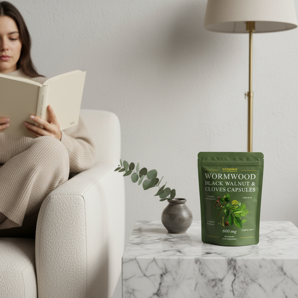 Woman reading in a chair beside a pouch of Roundway Wormwood, Black Walnut and Cloves Capsules