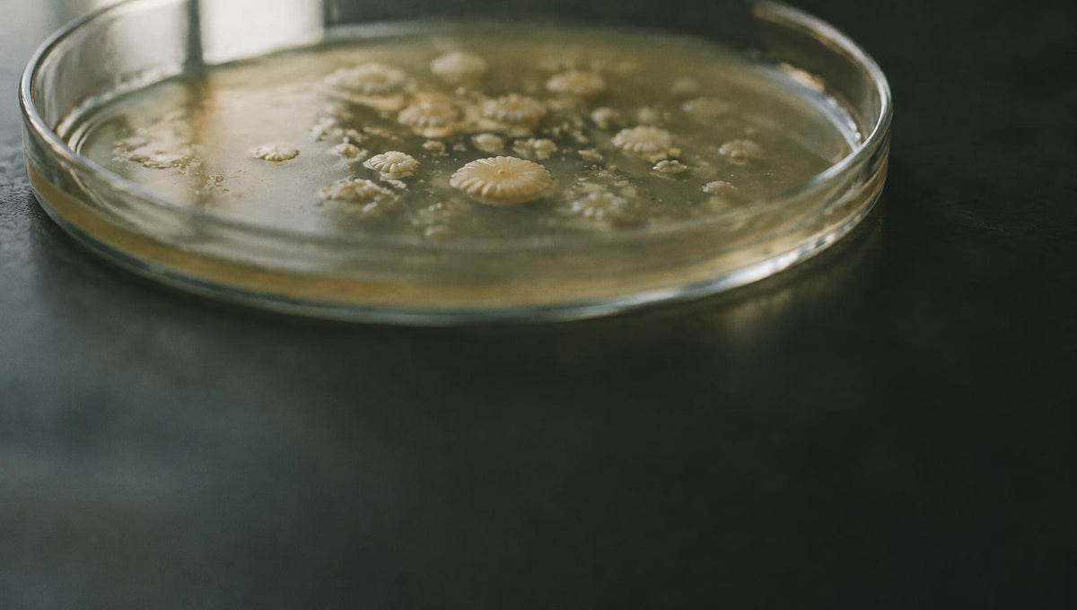 Cream bacterial colonies on amber agar in a glass dish, fading into darkness